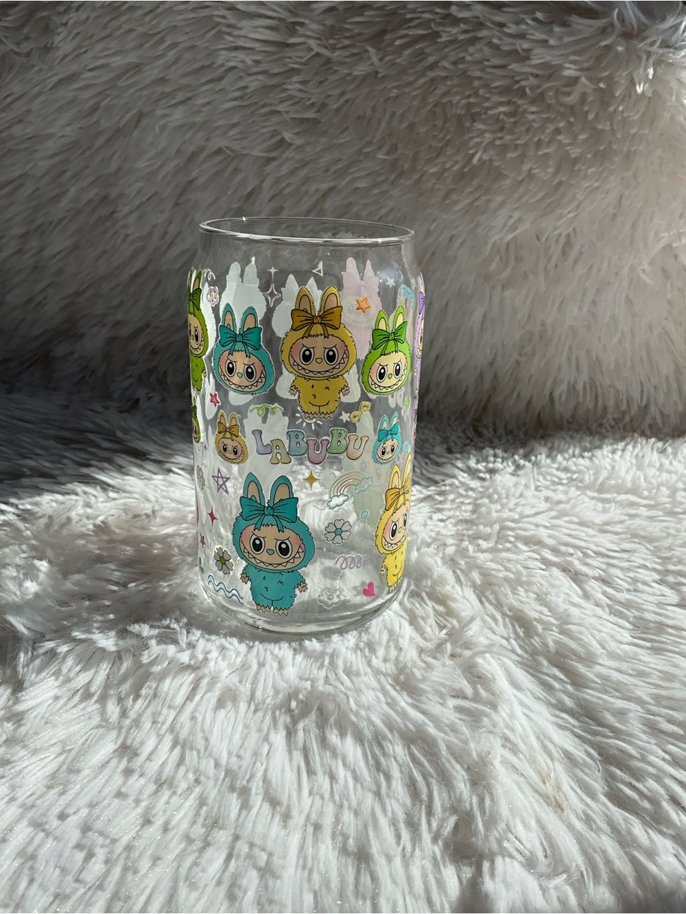 Labubu Glass Cup with Teal and Yellow Character Accents